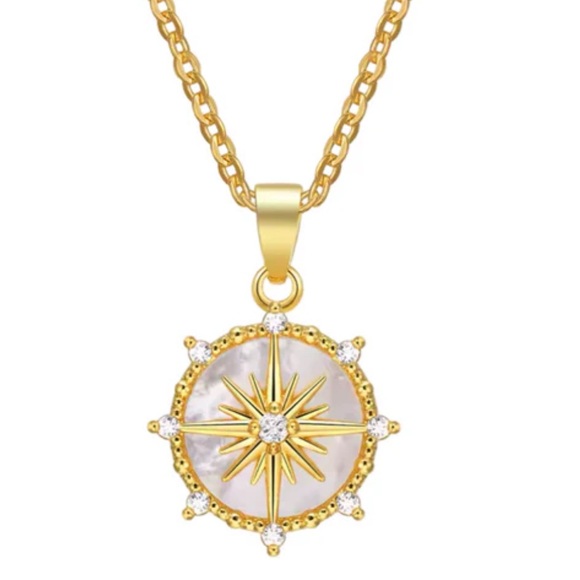 Gold Compass Starburst Pendant Necklace – Mother of Pearl & CZ - Picture 5 of 5